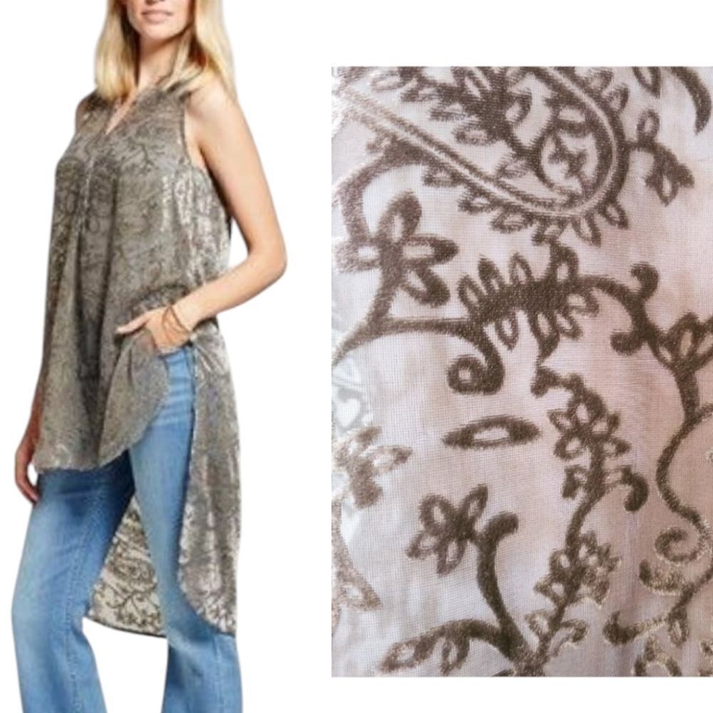 Gray Sleeveless High-Low Tunic Burnout Floral Dress Shirt Size L